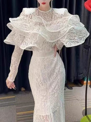 Fashion Lace Hollow Out See Through Slim Blouse