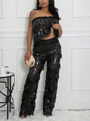 Sexy Fringe Sequin Tube Tops Pants Set