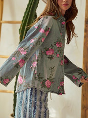 Casual Floral Print Loose Denim Shacket Jacket