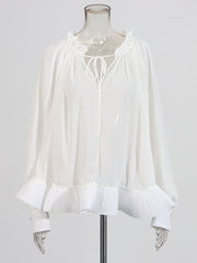 Fashion V Neck Ruffle Mesh Long Sleeve Top