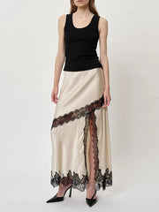 Fashion Satin Lace Patchwork Slit Long Skirt