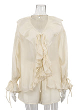 Casual Ruffles Shorts V Neck See Through Sets