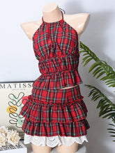 Sexy Backless Lace-up Low Waist Plaid Mini Skirt Set