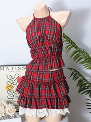 Sexy Backless Lace-up Low Waist Plaid Mini Skirt Set