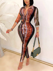 Print Turn-Down Collar Shirt Skinny Pants Two Piece Set