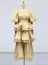 Elegant Jacquard Tiered Puff-Sleeve Maxi Dress