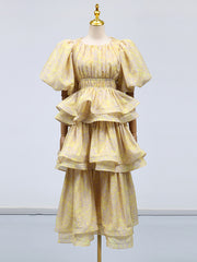 Elegant Jacquard Tiered Puff-Sleeve Maxi Dress