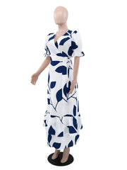 Casual V-neck Print Ruffle Hem Maxi Dress