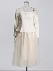 Elegant Sloping Shoulder Tops Tulle Skirt Sets
