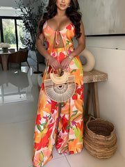 Fashion Print Lace-up Cardigan Top Wide Leg Pants Set