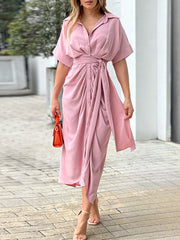 Short Sleeve Single Breasted High Waist Shirt Dress