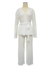 V-Neck Lace-up Pleated Top Loose Pants Casual Set