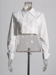 Lapel Long Sleeve Single Breasted Cropped Shirt