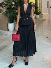 Notched Collar Cinched Waist Blazer With Pleated Skirt