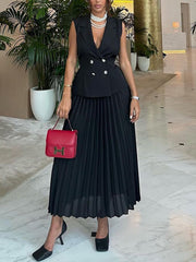 Notched Collar Cinched Waist Blazer With Pleated Skirt