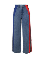 Two-Tone High Waist Striped Side Panels Straight Jeans