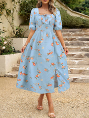 Elegant Floral Print Lantern Sleeve Slim-Fit Dress
