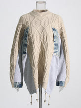 Fashion Round Collar Patchwork Denim Knit Sweater