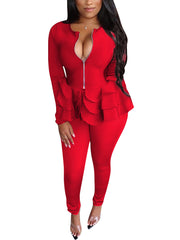 Sexy Zipper Ruffles Top And Pants Suit Set