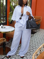 Casual Stripe Shirt High Waist Trousers Two Piece Set