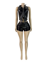 Sexy PU Stand Collar Zipper Tank Shorts Sets