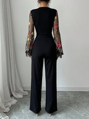 Floral Embroidery Patchwork Lantern Sleeve Jumpsuit