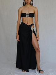 Oyster Metal Decor Strapless Top High Slit Skirt Sets