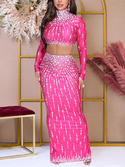 Sexy Rhinestones Crop Top and Maxi Skirt Two Piece Set