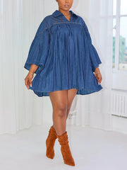 Casual Loose Turn down Collar Ruffle Denim Dress