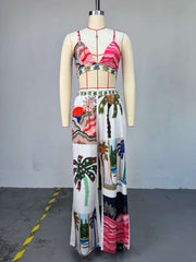 Print Bra Blouse and Elastic Pants Three Piece Sets