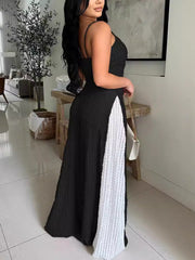 Elegant Color Block Backless Halter Wide Leg Jumpsuit