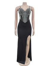 Sexy Rhinestones Spaghetti Strap High Slit Maxi Dress
