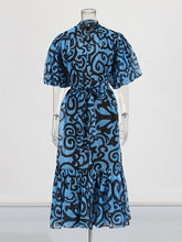 Fashion Print Single-breasted Puff Sleeve Lace-up Dress