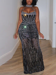 Sexy Halter Rhinestone See-Through Maxi Dress