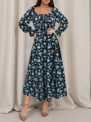 Square Neck Tie-up Long Sleeve Floral Midi Dress