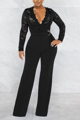 Sexy V Neck Lace Patchwork See-through Jumpsuit