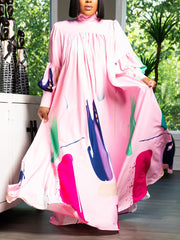 Elegant Print Puff Sleeves Casual Loose Maxi Dress