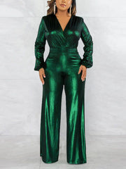Sexy Metal Color V Neck High Waist Jumpsuit