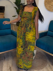 Fashion Print Backless Lace-up Pleated Maxi Dress