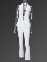 Sexy Textured Halter Backless Top And Flare Pants Set