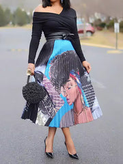 Casual Cartoon Print Pleated Skirt