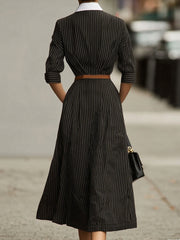 Contrast Collar Pinstripe Belted Midi Shirt Dress
