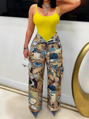 Vintage Jacquard High Waist Casual Cargo Pants