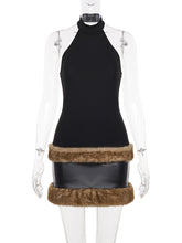 PU Leather Furrzy Patchwork Sleeveless Mini Dress