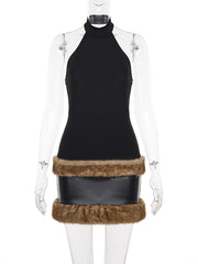 PU Leather Furrzy Patchwork Sleeveless Mini Dress