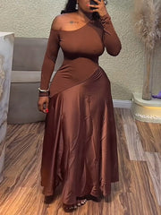 Elegant Slash Neck Cinched Waist Solid Maxi Dress