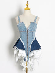 Irregular Tassel Ruffled Mini Denim Dress