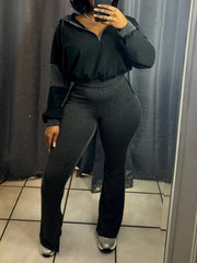 Casual Cropped Hoodie Ribbed Thigh Pants Sets