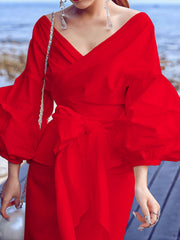 Elegant V Neck Cross Bandage Bubble Sleeve Shirts