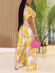 Casual Print Zipper O Neck Slim Jumpsuit